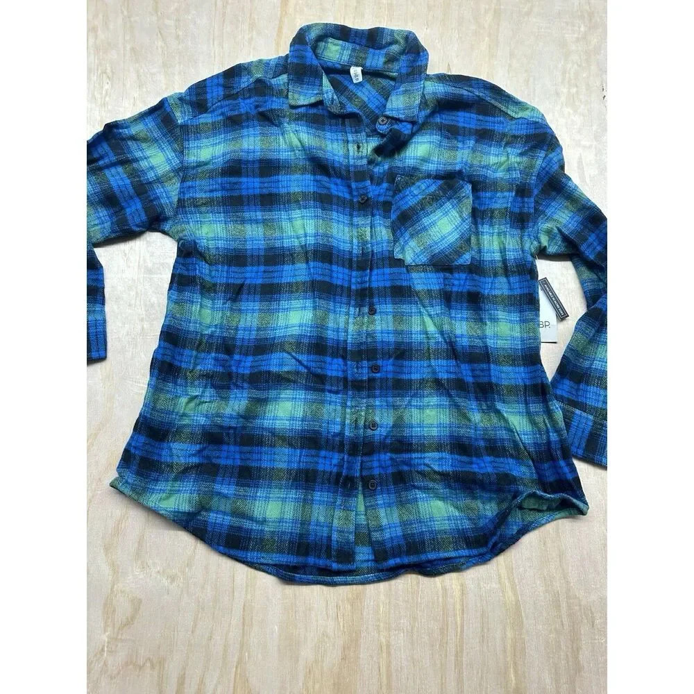 Flannel Shirt! Rayon Cotton Button Up Oversized XS Blue Green BP Quality Plaid